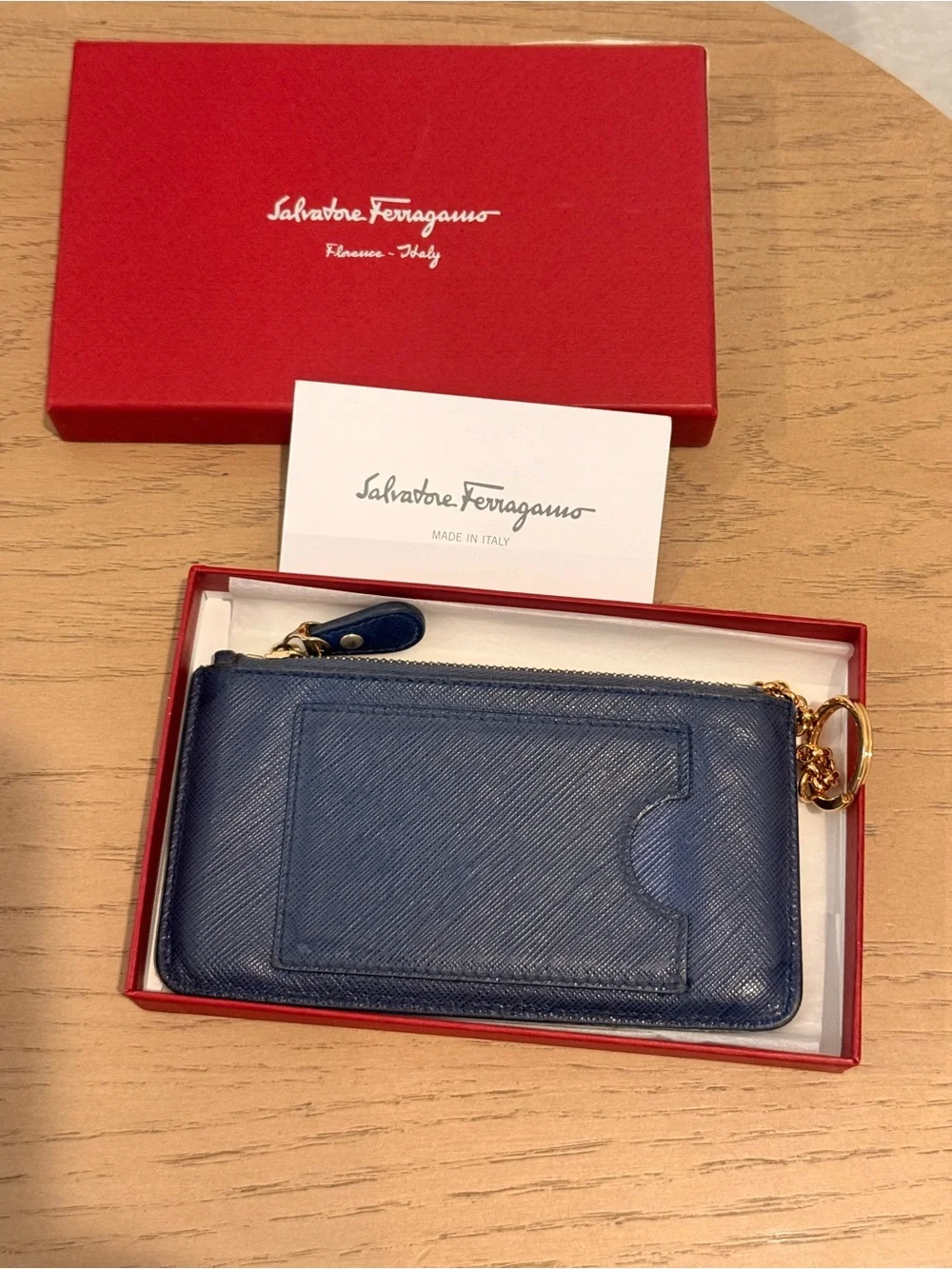 Salvatore Ferragamo Navy‎ Leather Zip Wallet with Gold Gancini Accent